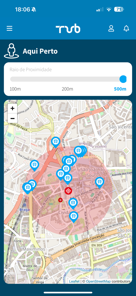 TUB App - Interface de carte de l'application TUB montrant les arrêts de bus à proximité à Braga avec un curseur de rayon de recherche