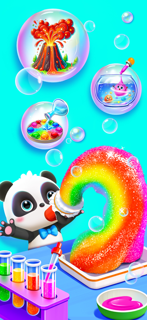A cute panda character performing science experiments with a giant colorful rainbow and floating volcano icon.