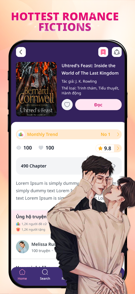 Novel Full -  Read Romance Fic - Interfaz de la aplicación Novel Full que muestra la página de detalles de una novela romántica popular con una ilustración de pareja romántica y métricas de la historia.