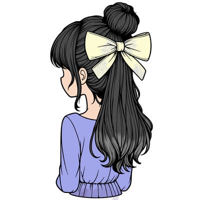 realistic girl  with hip length hair a bun and a big bow on the back of head
