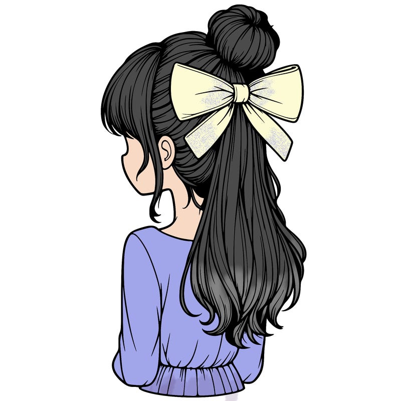 realistic girl  with hip length hair a bun and a big bow on the back of head