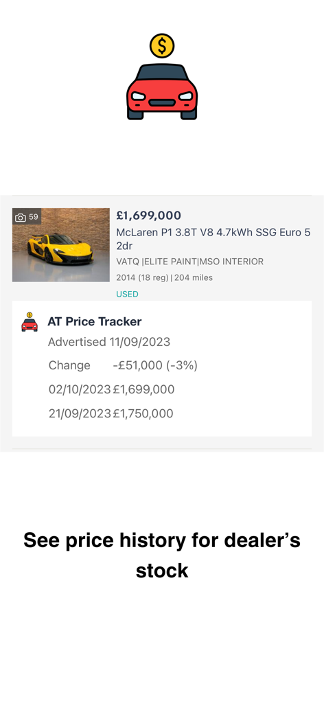 AT Price Tracker interface showing the price history and price drops for a McLaren P1 car advert.
