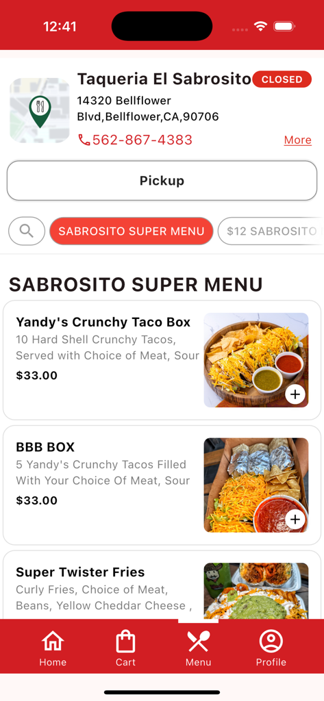 Tela de menu da Taqueria El Sabrosito mostrando caixas de tacos e batatas fritas