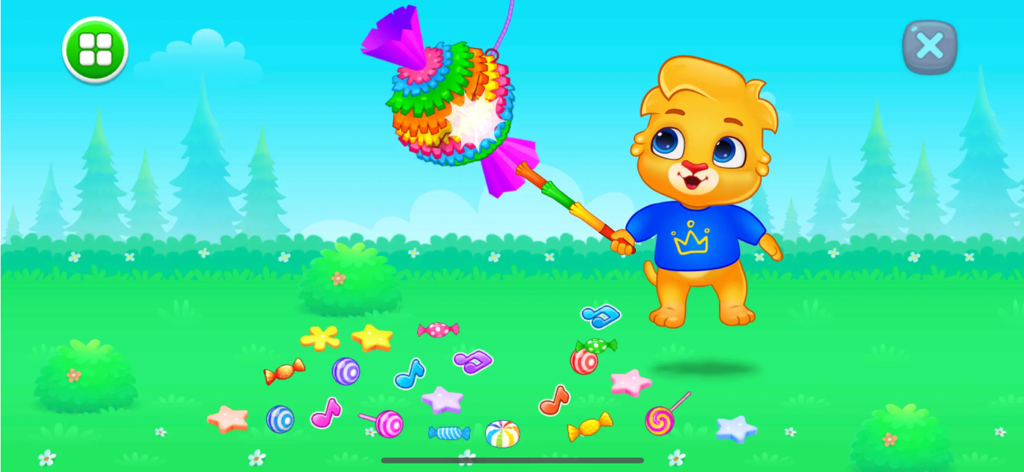 Baby Games: Piano, Baby Phone - A cartoon lion character hitting a colorful pinata with candy and musical notes falling on a grassy field