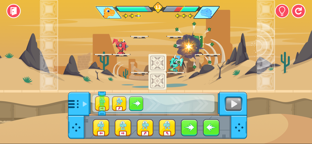 Roboter-Kampf in einer Wüstenumgebung mit visuellen Programmierblöcken am unteren Rand.