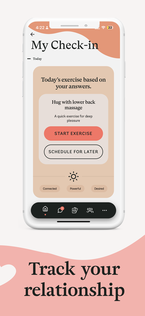 Coral: Couples & Relationship - A mobile interface of the Coral app showing a daily check-in screen with a suggested intimacy exercise for couples