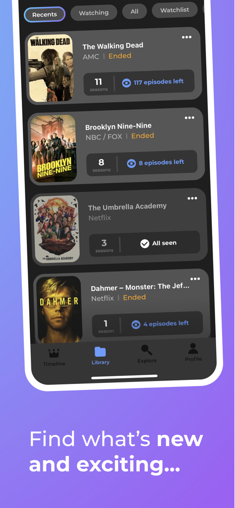 Watched - Track What You Watch - Vue de la bibliothèque de l'application Watched montrant des séries TV suivies comme The Walking Dead et Brooklyn Nine-Nine avec la progression des épisodes.