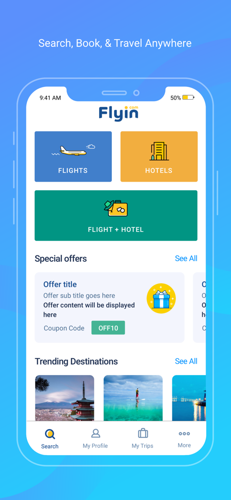 Pantalla de inicio de la aplicación móvil Flyin.com que muestra botones de reserva de vuelos y hoteles y ofertas especiales.