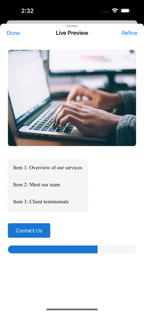 SketchSite - A live preview of a generated mobile website layout within the SketchSite app showing a header image, service list, and contact button