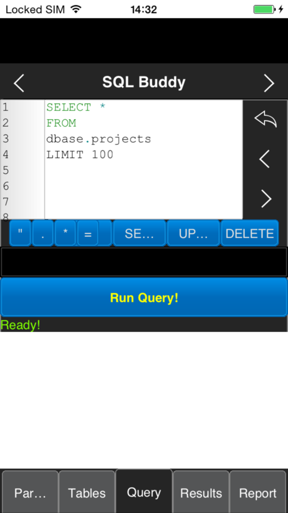 Pantalla del editor de consultas de la aplicación móvil SQLBuddy mostrando sintaxis SQL y un botón para ejecutar consulta
