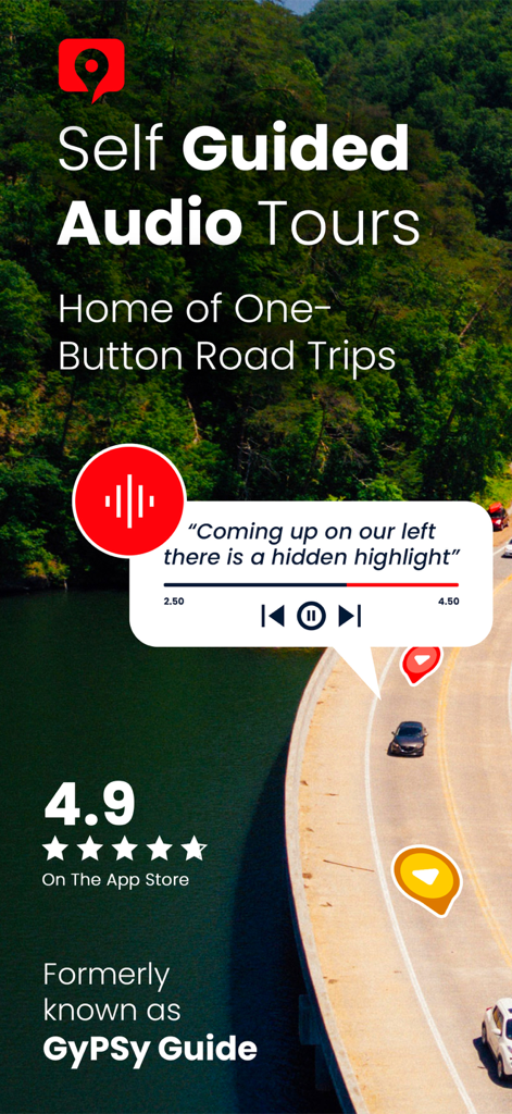 GuideAlong App-Oberfläche, die eine selbst geführte Audiotour für Roadtrips mit einer Bewertung von 4,9 Sternen zeigt