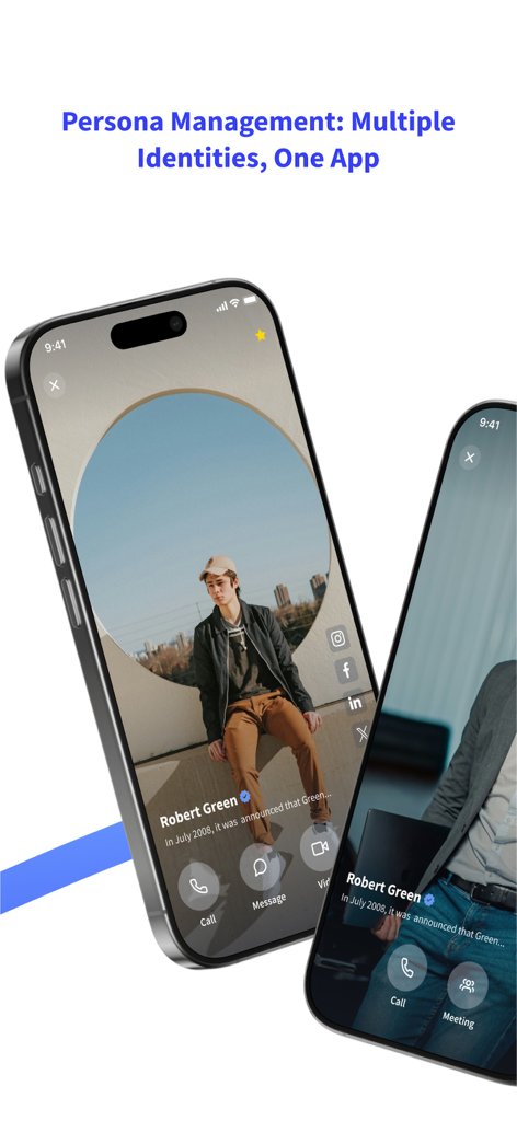 Phound 앱에서 페르소나 관리를 위한 서로 다른 사용자 페르소나 프로필을 표시하는 두 대의 스마트폰