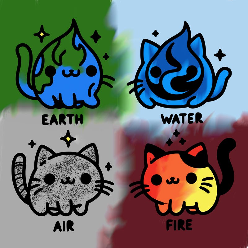 4 cats that represent the different elements, earth, water, air, and fire