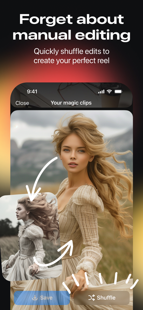 Reels Templates & Maker: CutLy - A mobile interface for the CutLy app showing a shuffle feature to automatically edit video reels of a woman in a vintage dress