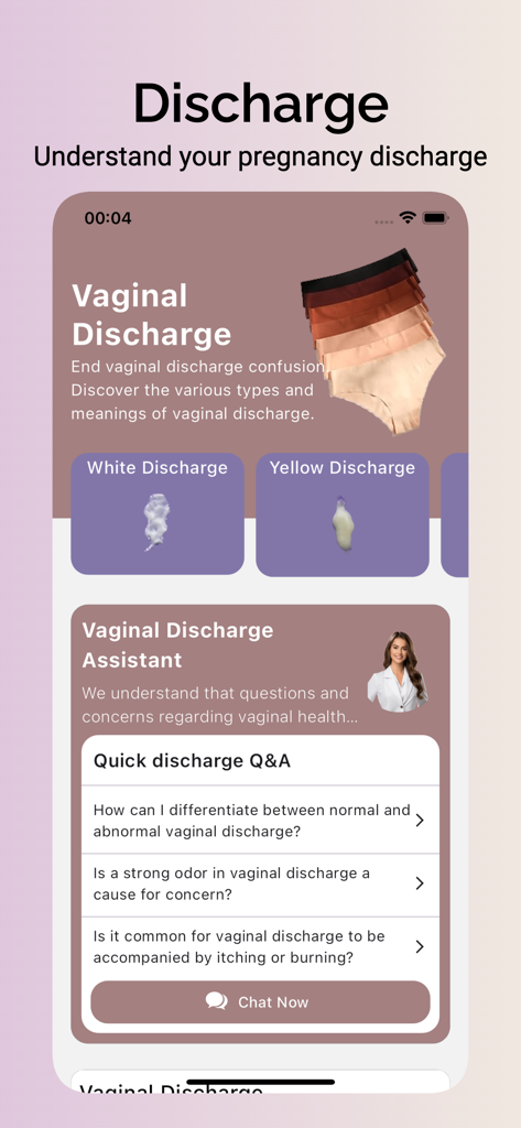 Count the Kicks - Kick Counter - Mia pregnancy app screen explaining vaginal discharge with an AI chat assistant.