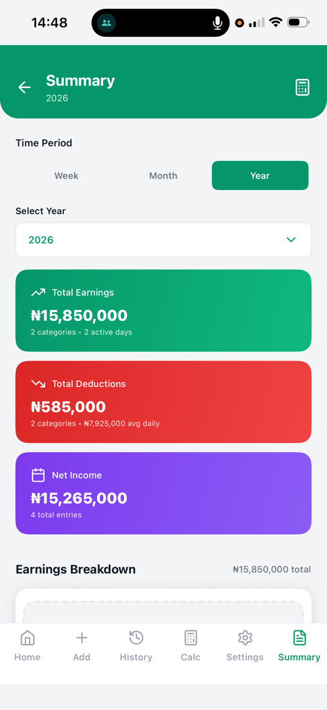 TaxPaddy - Annual financial summary in the TaxPaddy app showing total earnings deductions and net income in Nigerian Naira.