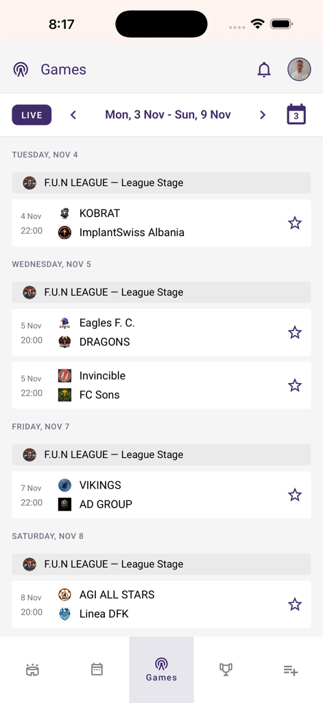 Squadin - Weekly sports league match schedule within the Squadin mobile app.