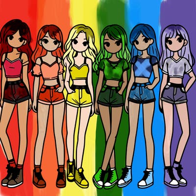 a group of girls wearing crop tops and shorts