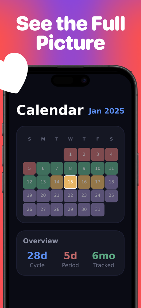 Yuni: AI Partner Cycle Guide - A smartphone screen showing the Yuni app monthly calendar with color-coded menstrual cycle phases and a summary of cycle length and tracking history.