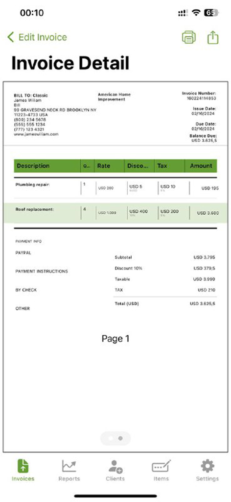 Invoice Pro Maker: PDF Billing - A professional invoice detail screen within the Invoice Pro Maker app showing service items and payment totals