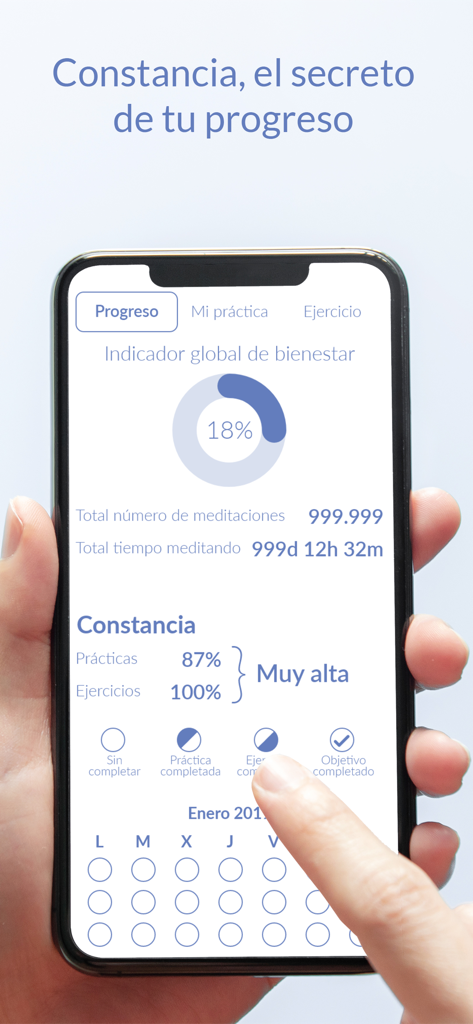 A smartphone showing the progress tracking screen of the Siente mindfulness app with meditation statistics and consistency metrics