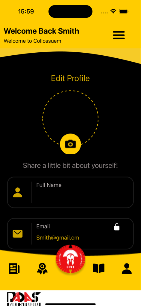 Edit profile interface in the Colosseum Kickboxing Live app