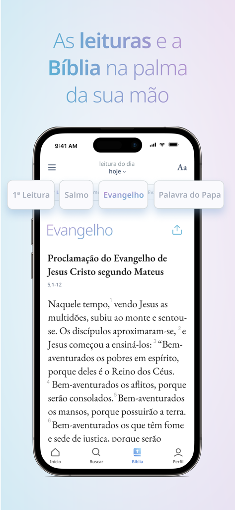Creio - Smartphone screen showing the daily Gospel reading in the Creio Catholic app with navigation for psalms and papal words