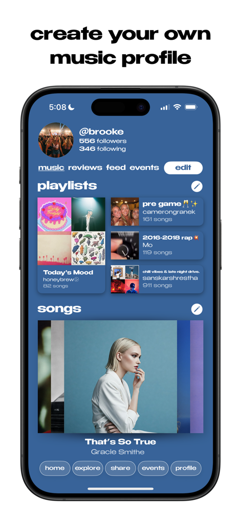 echo: share music - User music profile screen in the Echo app showcasing playlists and favorite songs