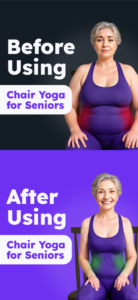 Chair Yoga for Seniors - Comparación de antes y después de una mujer mayor mostrando una salud y movilidad mejoradas gracias al yoga en silla