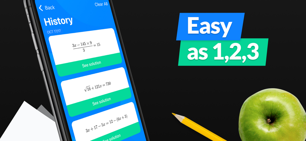 SnapCalc app displaying a history of solved math equations on a smartphone