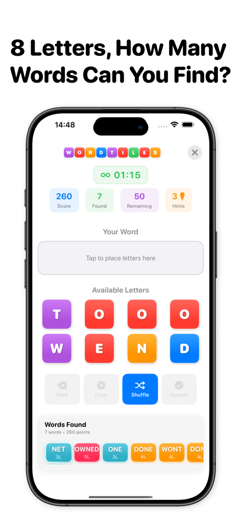 Word Tiles: Puzzle Word Game - Word Tiles game screen on an iPhone showing eight letter tiles and a list of found words.
