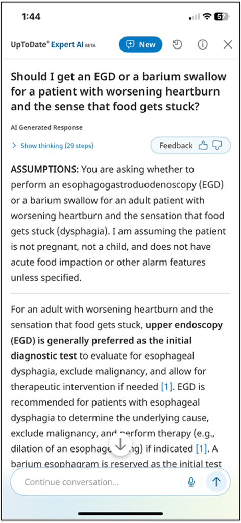 A screenshot of the UpToDate Expert AI interface showing a clinical question and its generated medical response
