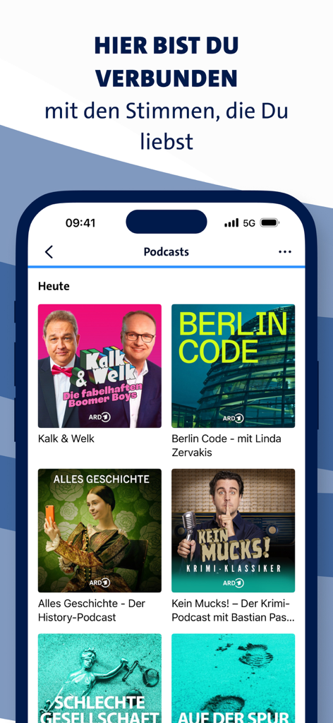 ARD Audiothek - Benutzeroberfläche der ARD Audiothek App, die verschiedene deutsche Podcasts auf einem Smartphone-Bildschirm anzeigt