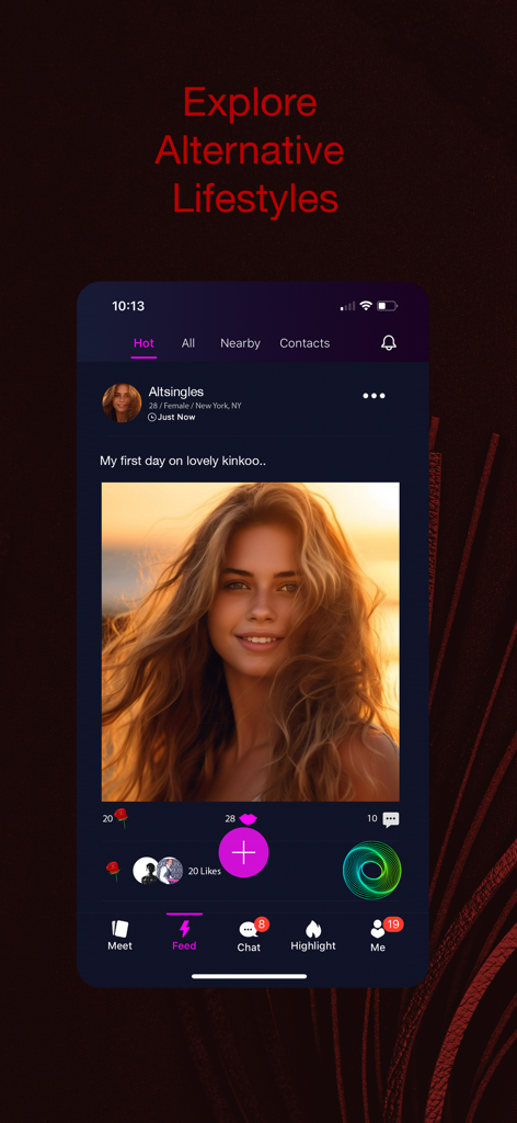 A user profile screen on the Kinkoo dating app with the text Explore Alternative Lifestyles
