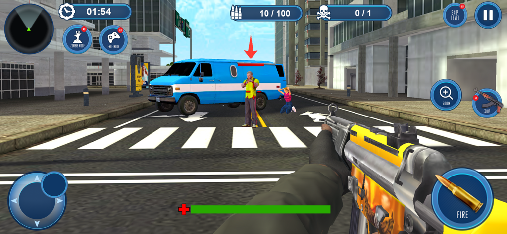 Police Car Chase Gangster Run - First person shooter view of a police officer aiming a rifle at a gangster on a city street