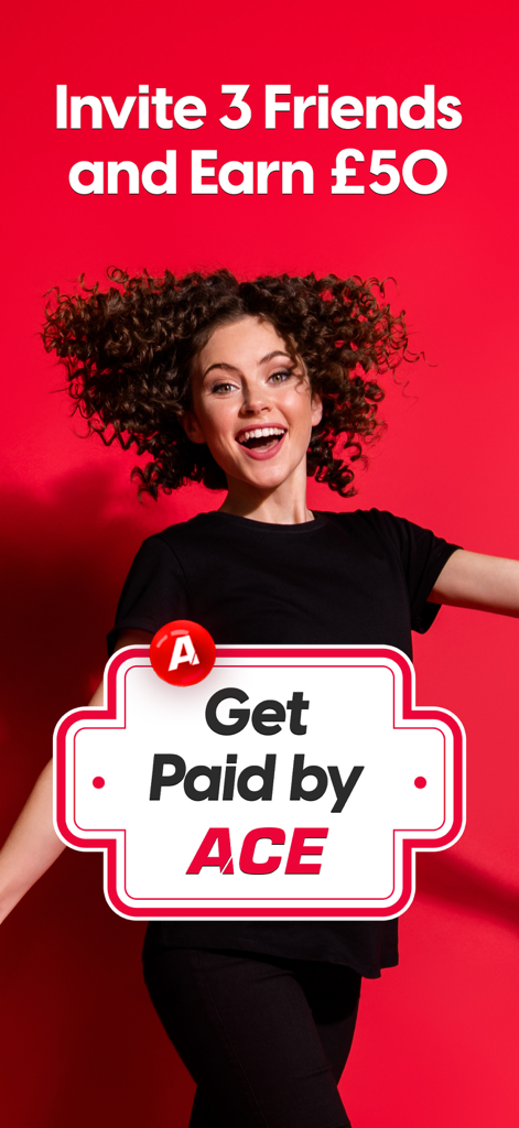 A happy woman jumping in front of a red background promoting a referral reward of 50 pounds for inviting friends to ACE Money Transfer.