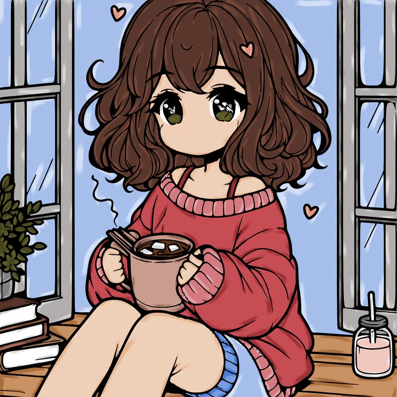 cute anime girl reading book and drinking hot chocolate from mug with loose wavy hair wearing a baggy sweatshirt and shorts sitting by windowsill looking out