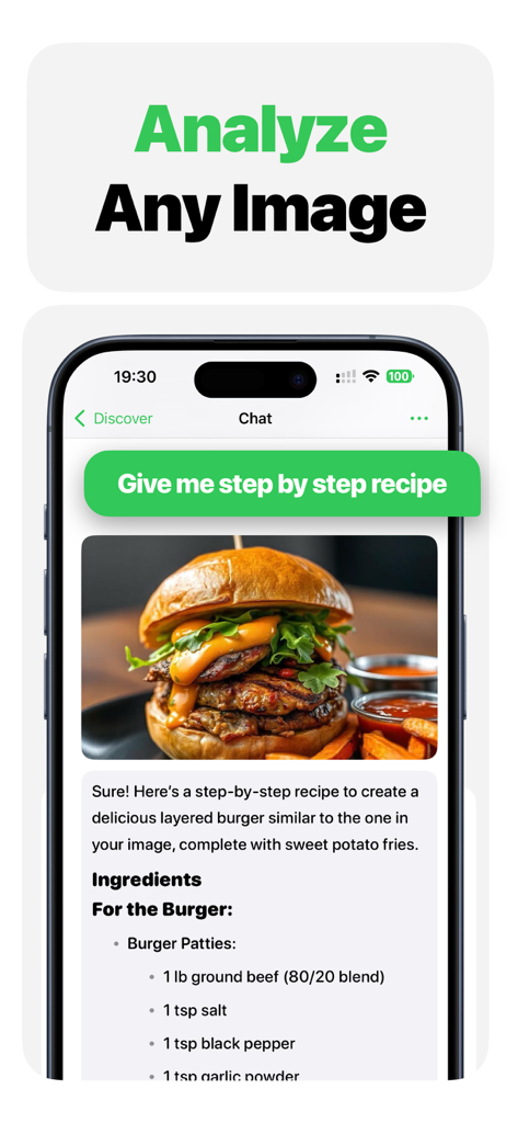 La aplicación de IA ChatASK analiza una foto de hamburguesa para proporcionar una receta de cocina paso a paso.
