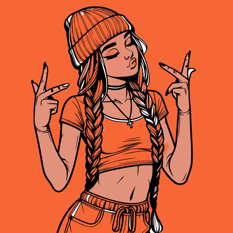 realistic teenage girl with braids and a beanie and crop top doing 🫶🏼