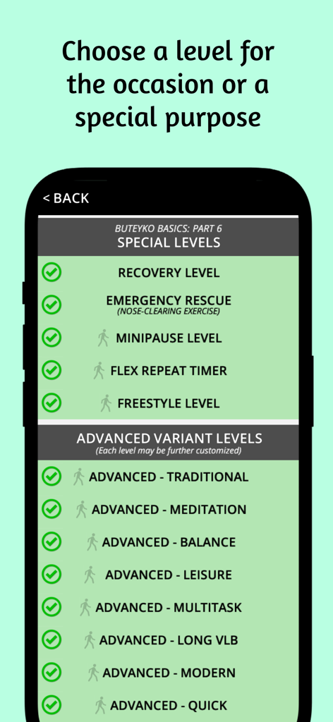 Buteyko Pro - Interface of Buteyko Pro app showing a list of special and advanced breathing exercise levels