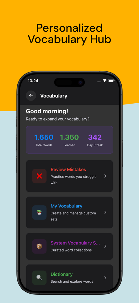 Tableau de bord de vocabulaire personnalisé dans l'application English Mastery montrant les statistiques de mots et les progrès d'étude
