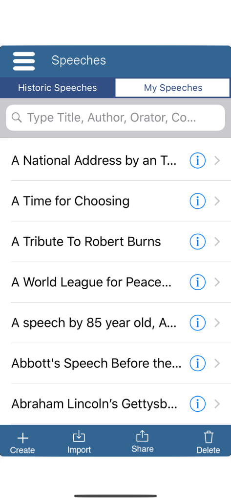 Interface de l'application SpeechMaker affichant une liste consultable de discours historiques célèbres, y compris le discours de Gettysburg de Lincoln.