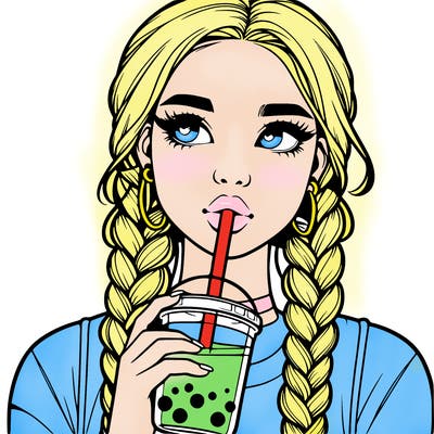 realistic girl with braided hair drinking boba