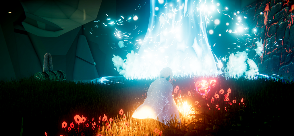 Demon RPG God. Hunter Blade 3D - Ninja character kneeling before a bright magical light in a dark forest