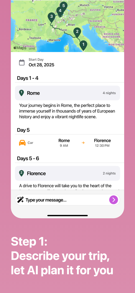KI-Reiseplaner-App, die eine europäische Roadtrip-Route mit Karte und Reisezeiten anzeigt