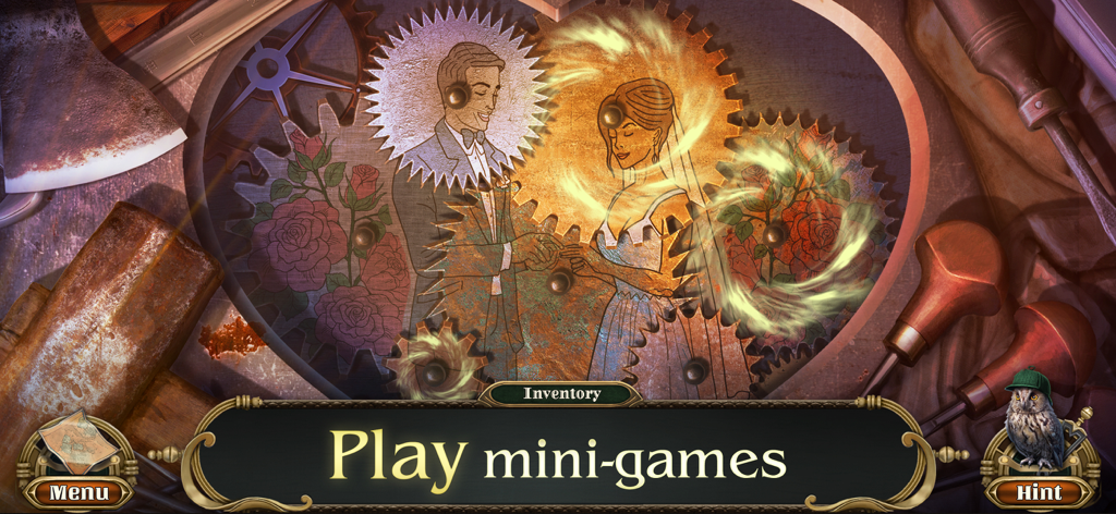 Miss Holmes 3: F2P Detective - Un rompecabezas de engranajes con una ilustración de una novia y un novio y el texto Juega minijuegos