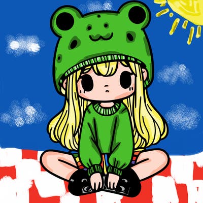 a girl wearing a frog hat and some frog socks
