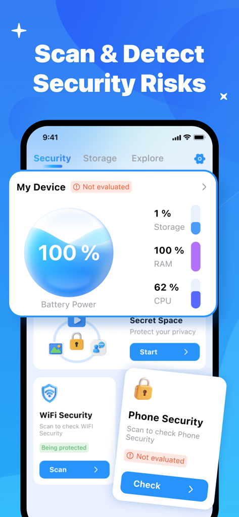 Interface do aplicativo Limpador de IA de Segurança do Telefone mostrando o status de saúde do dispositivo e opções de verificação de segurança.