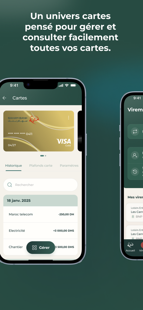 Saham Bank mobile app interface showing a gold Visa card and transaction history for utility payments.