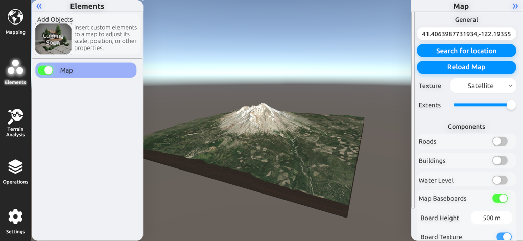 3D Mappa - GIS & Topo Analysis - Un modello di terreno 3D di una montagna con immagini satellitari e impostazioni di configurazione della mappa nell'app GIS 3D Mappa.